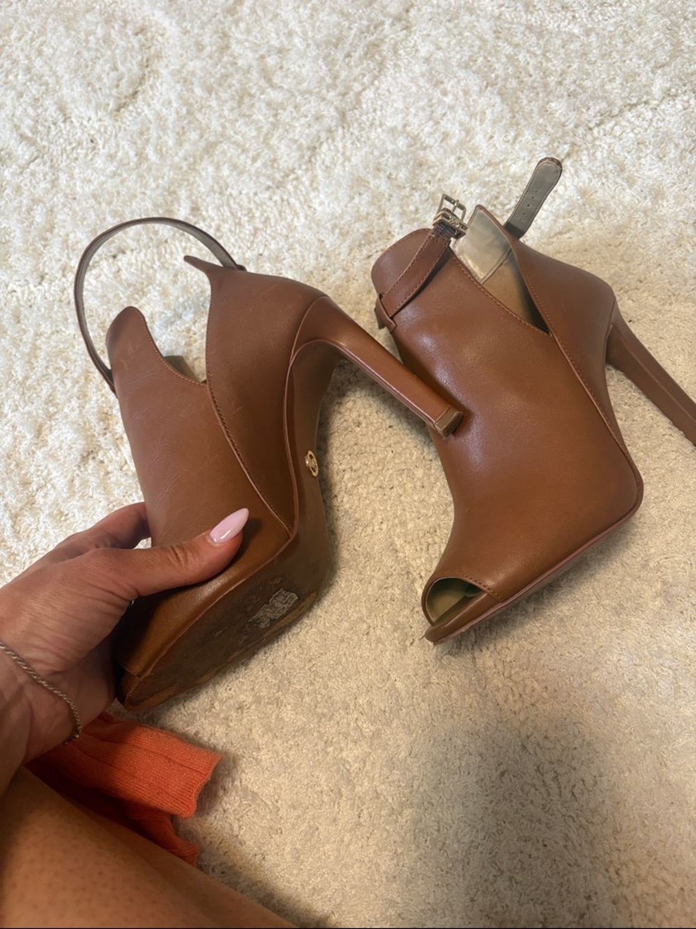 Michael Kors Tan Brown Peep-Toe Ankle Booties with Buckle - Picture 5 of 6
